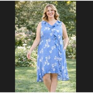 Croft & Barrow Dress 1X Blue Floral Mini Dot Ruffle Tie Faux Wrap Pocket Cottage